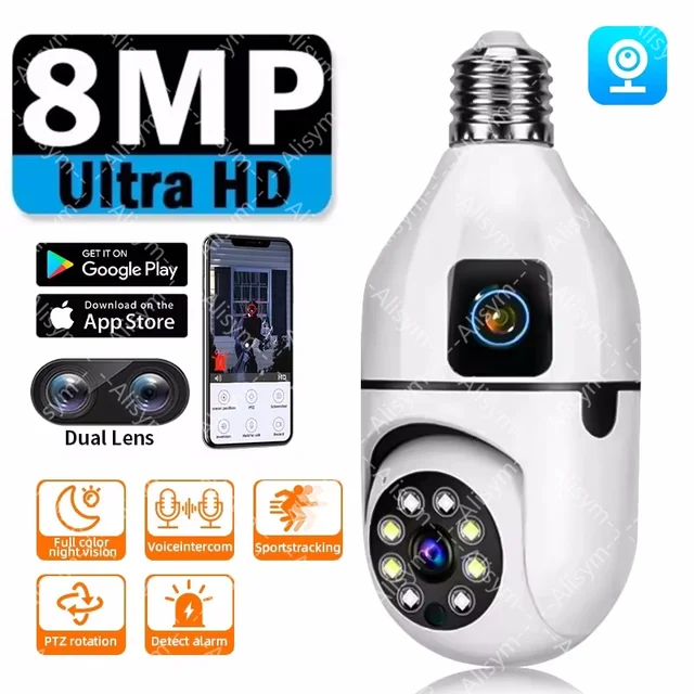Caméra WIFI à ampoule E27 8MP, Zoom 8X, double objectif, Surveillance intérieure, suivi humain, Audio bidirectionnel sans fil, Vision nocturne couleur 1