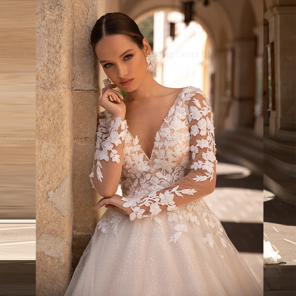 ANGEL Exquisite Wedding Dresses Long Sleeves Sexy Backless Bride Gowns Applique Princess Tulle A-Line vestidos de novia 3