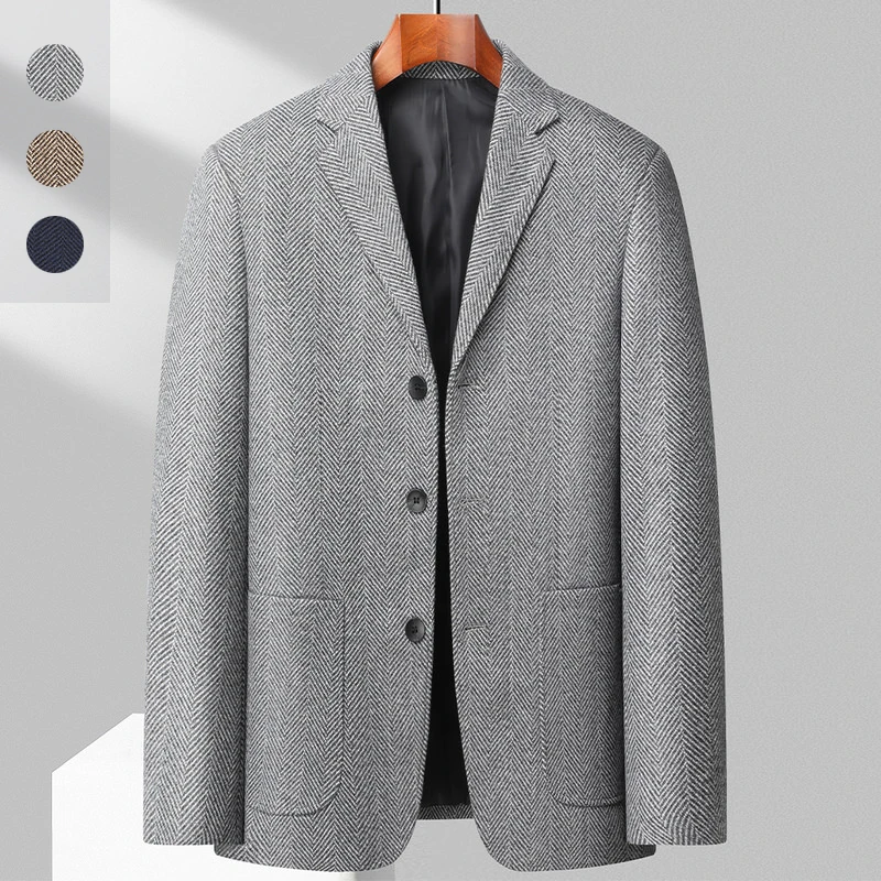 

Men's Woolen Suit Flat Lapel Men's Suit Jacket Fashion Urban Straight Tube Type Three-grain Single-breasted Suit Jacket