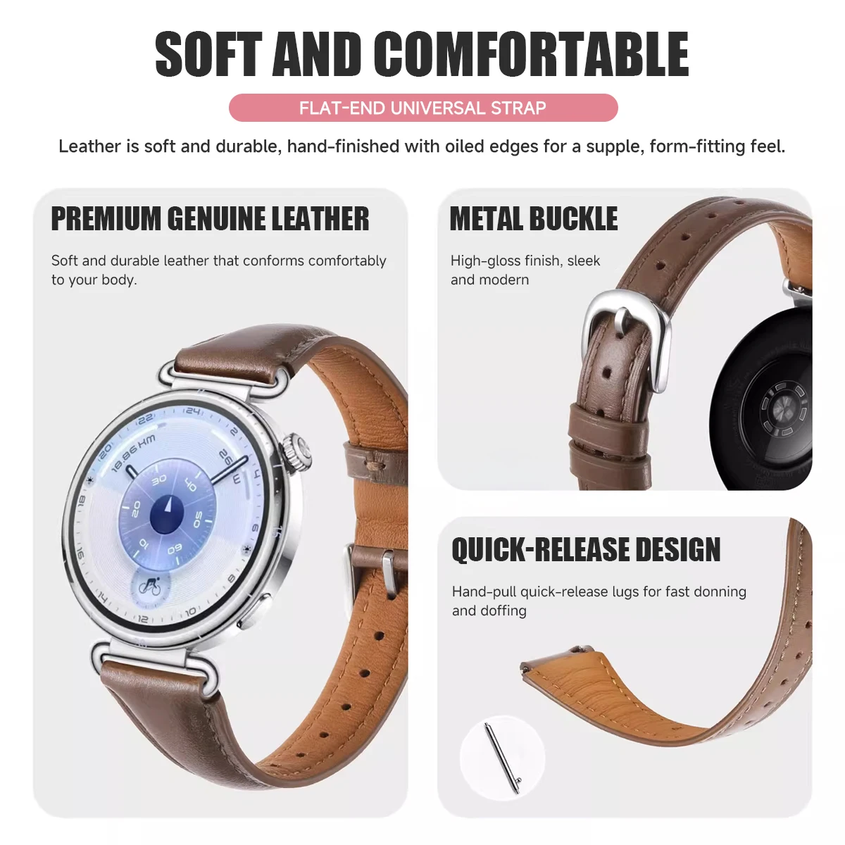 High-End Leather Wristband with Textured Finish, 18/22mm Universal Strap
