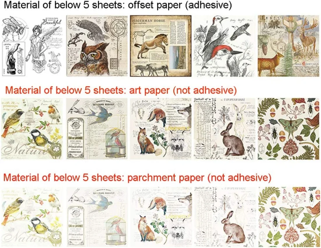 Vintage Sticker Set 15 Sheets Animal Bee Owl Horse Deer Swallow Wolf Rabbit Mushroom Butterfly Insect Plant Decorative Sticker