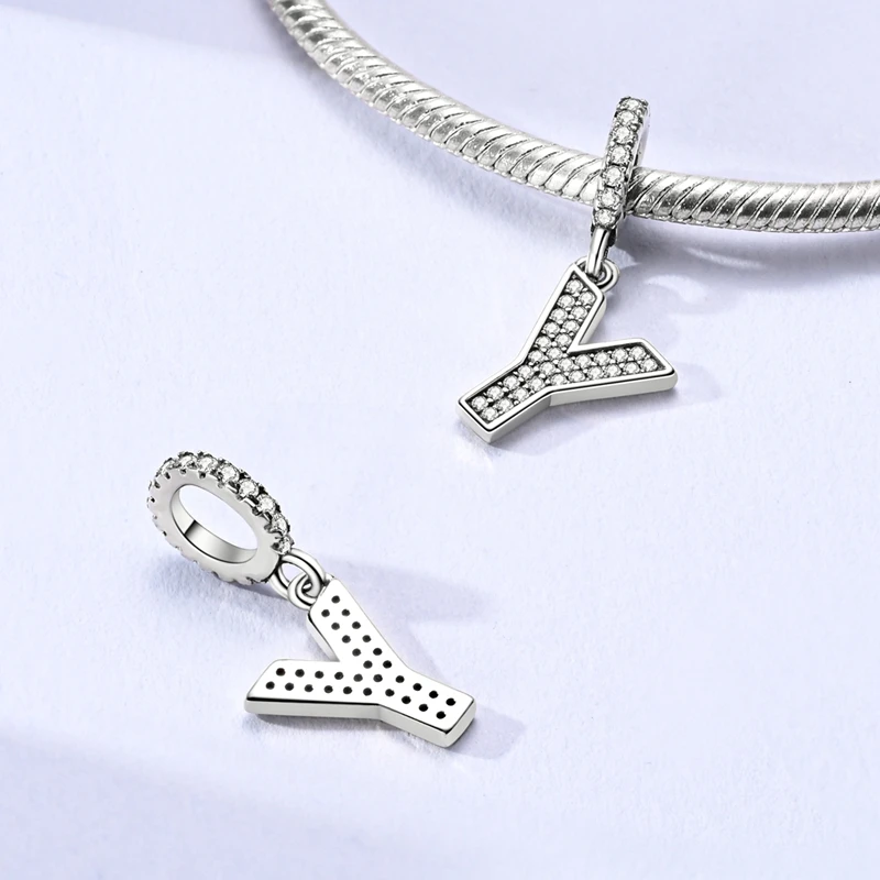 Charm-Anhänger aus 925er-Sterlingsilber, 26 Buchstaben, A-Z, Alphabet, eingelegter Zirkon, Buchstabenperle, passend für Armbänder, feiner DIY-Geburtstagsschmuck, Geschenk – Detail 26