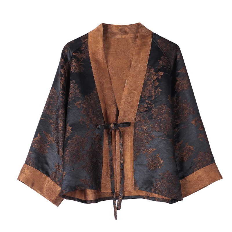 Autumn New Mulberry Silk Fragrant Cloud Yarn Black Big Peony Heavy Forging Double Weaving Craft Jiangnan Bank Lace Up