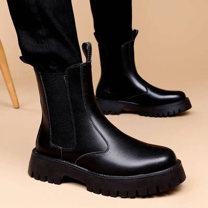 

England style men casual stage nightclub chelsea boots black platform shoes cowboy genuine leather boot motorcycle high botas