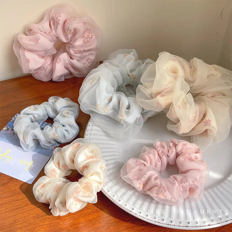 New Elegant Women Mesh Scrunchies Pink Beige Blue Hair Rope