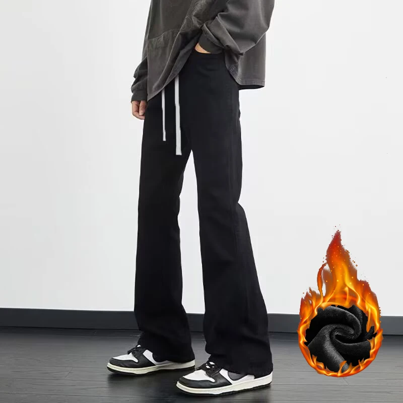 秋冬メンズハイストリートピュアブラックスリムフィットデニムパンツブーツカットジーンズ男性用ファッションフリース裏地付き厚手のズボン