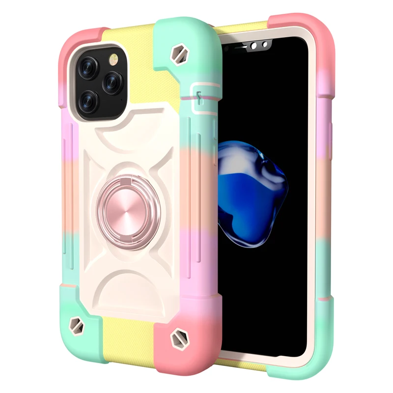 Armor Bumper Shockproof Phone Case For iPhone 14 13 12 11 Pro Max XR XS Max X 7 8 Plus Colorful Rugged Ring Holder Hard PC Cover