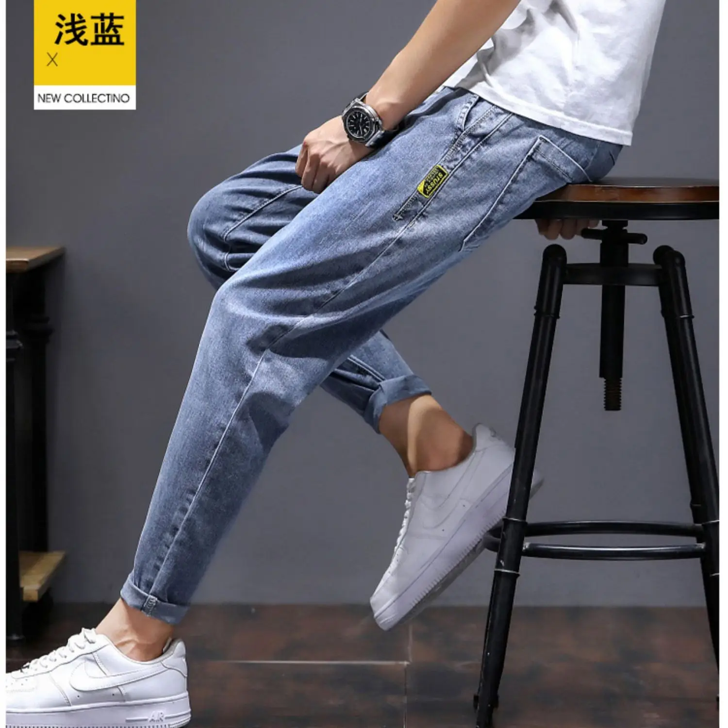 Jeans Men Summer Loose Embroidered Feet Harlan Casual Bundle Long Pants Trendy Brand Thin High Elastic Boys Match Stitching 2023