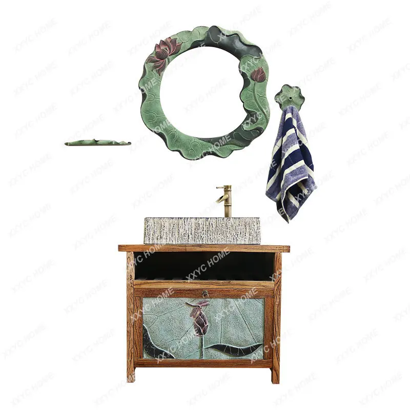 New in Chinese Antique Style Solid Wood Bathroom Cabinet Basin Cabinet Combination Chinese Style Art Basin Table