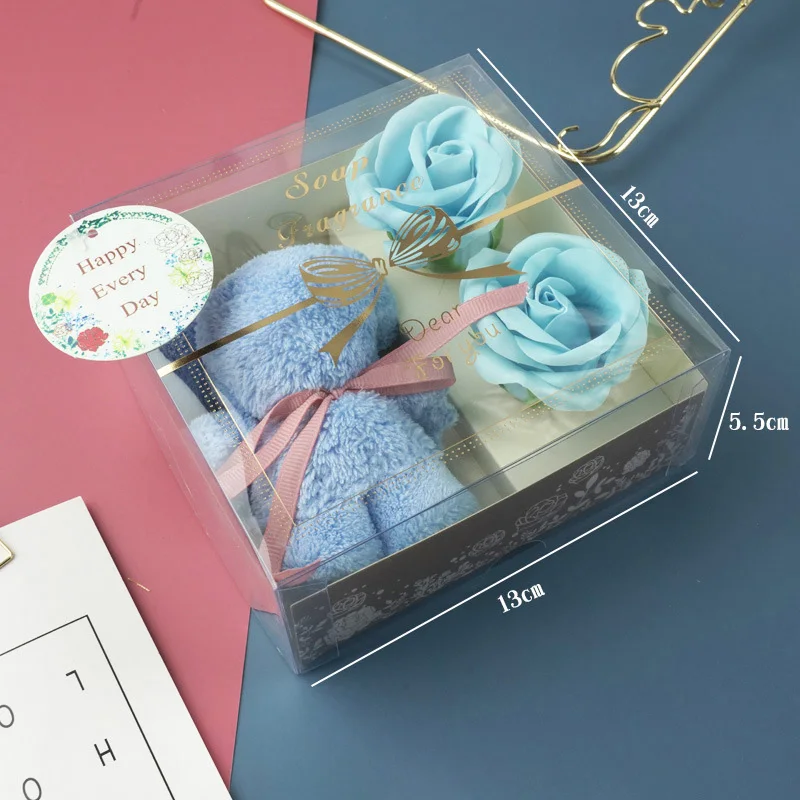 1Box Bear Shaped Towel with Soap Rose Flowers Valentine's Day Mothers Day Wedding Gift Birthday Party Guests Gift Baby Shower