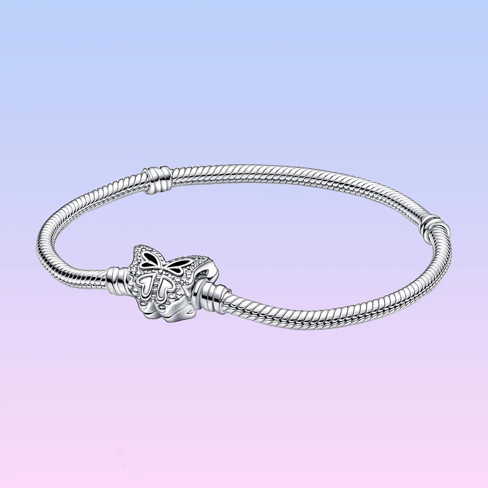

925 Sterling Silver Moments Butterfly Clasp Snake Chain Bracelet fit Original Pandora Charm Beads DIY for Women Birthday Gift