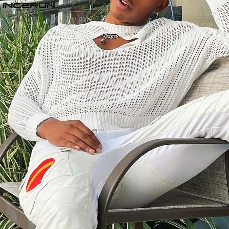 

Футболка INCERUN мужская с вырезами, сетчатая, прозрачная, однотонная, сексуальные рубашки, уличная одежда 2024, модная повседневная футболка унисекс, женские топы