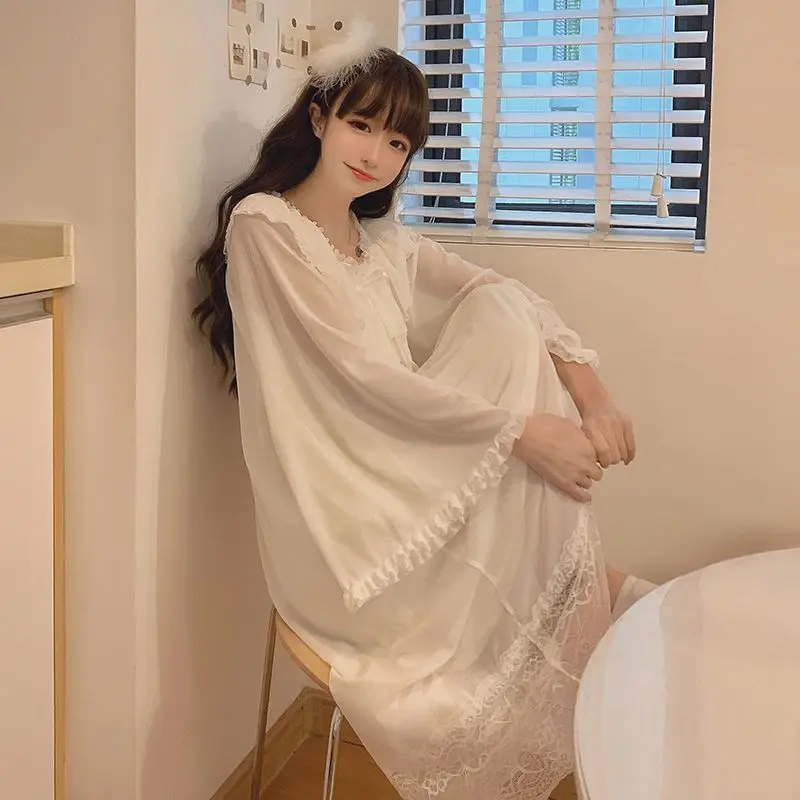 Spring Autumn Women Long-sleeved Nightdress 2024 New Lace Mesh Pajamas Lacework Bow Nightgown Solid Color Perspective Pyjamas