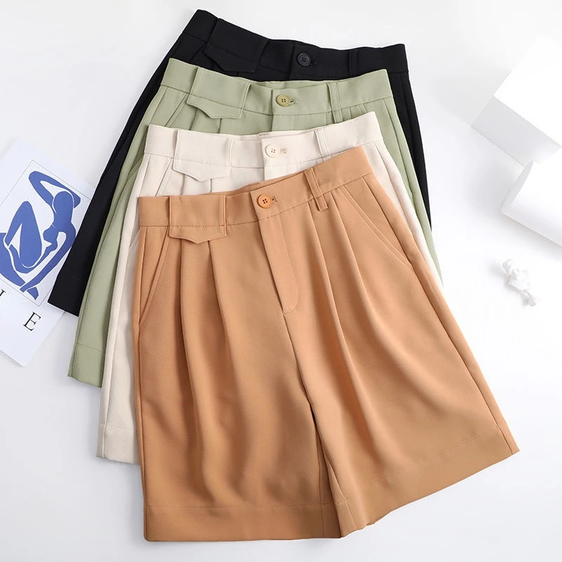 Summer Green Shorts Women High Waist Straight Knee-length Shorts for Women with Pocket Wide Leg Casual Short Pants Ladies Office maternity shorts
