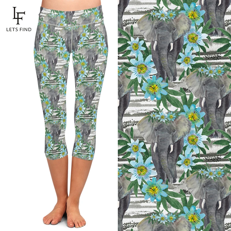 Summer Women High Waist Capri Leggings Fashion 3D Elephant and Flowers Digital Printing  Mid-Calf 3/4 Women Leggings