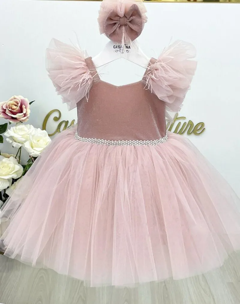 

Baby Girls Dress Pink Tulle Floral Wedding Party Dresses Kids Princess Christmas Dress Children Girls Clothing with Headbow