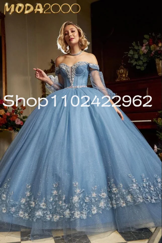 

Бледно-голубые платья принцессы Quinceanera с длинным рукавом с открытыми плечами Gillter со шнуровкой корсет vestidos de quinceañera в эстетике
