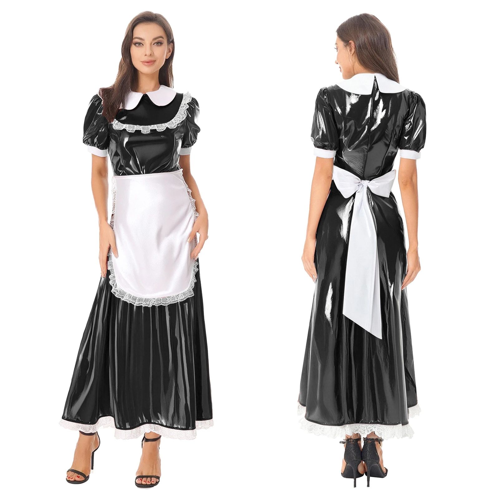 Women's Halloween Cosplay Fancy Party Costumes French Maid Dress with Apron Satin Lace Trim Short Sleeve Wet Look PU Maxi Dress