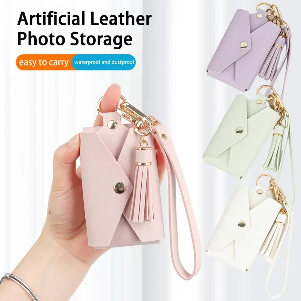 

3-Inch Photo Storage Bag Faux Leather Tassel Decor Lanyard Photo Card Name Card ID Holder Snap Button Photo Bag