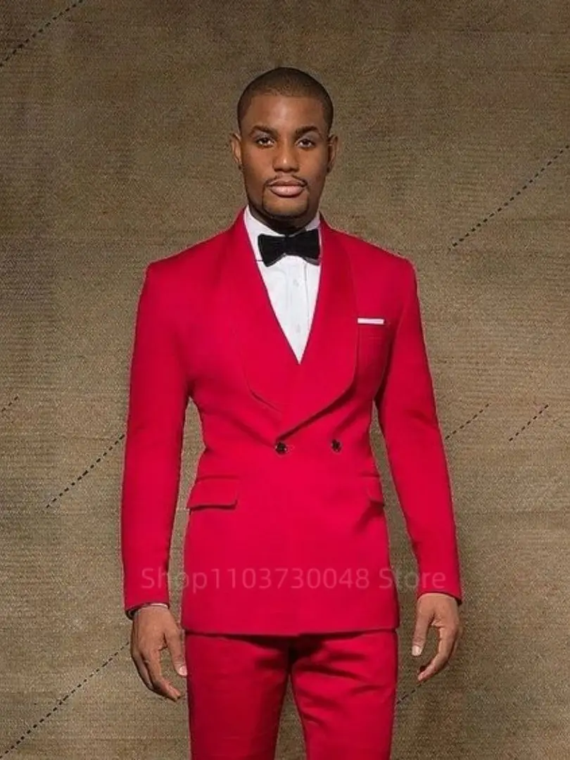 2 Piece Red Wedding Men Suits Slim Fit Shawl Lapel Double Breasted Blazer Pants Formal Business Groom Tuxedos Casual Men Clothes