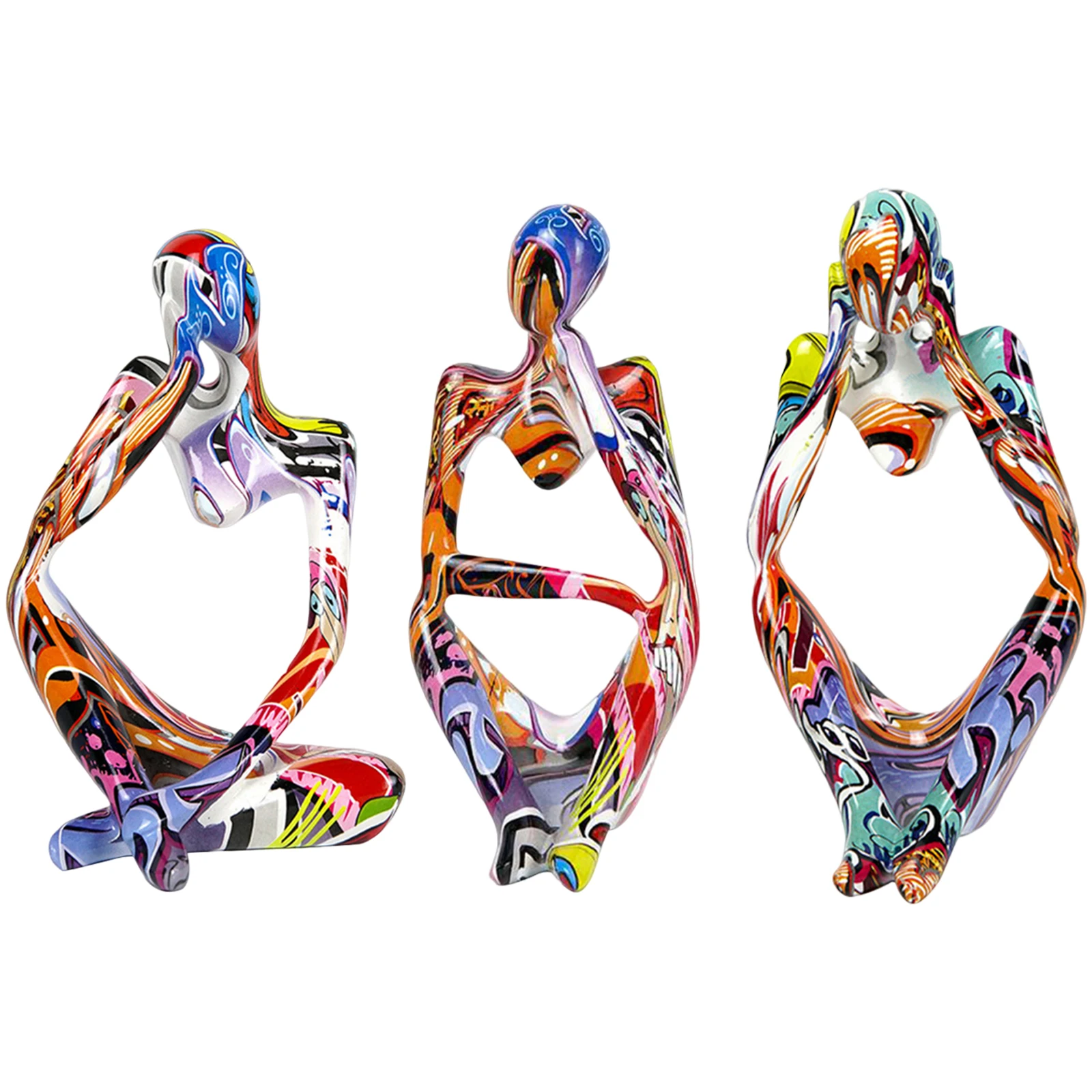 3pcs Abstract Thinker Figure Statues Graffiti Abstract Modern Thinker Sculpture Ornaments Mini Handicraft for Living Room