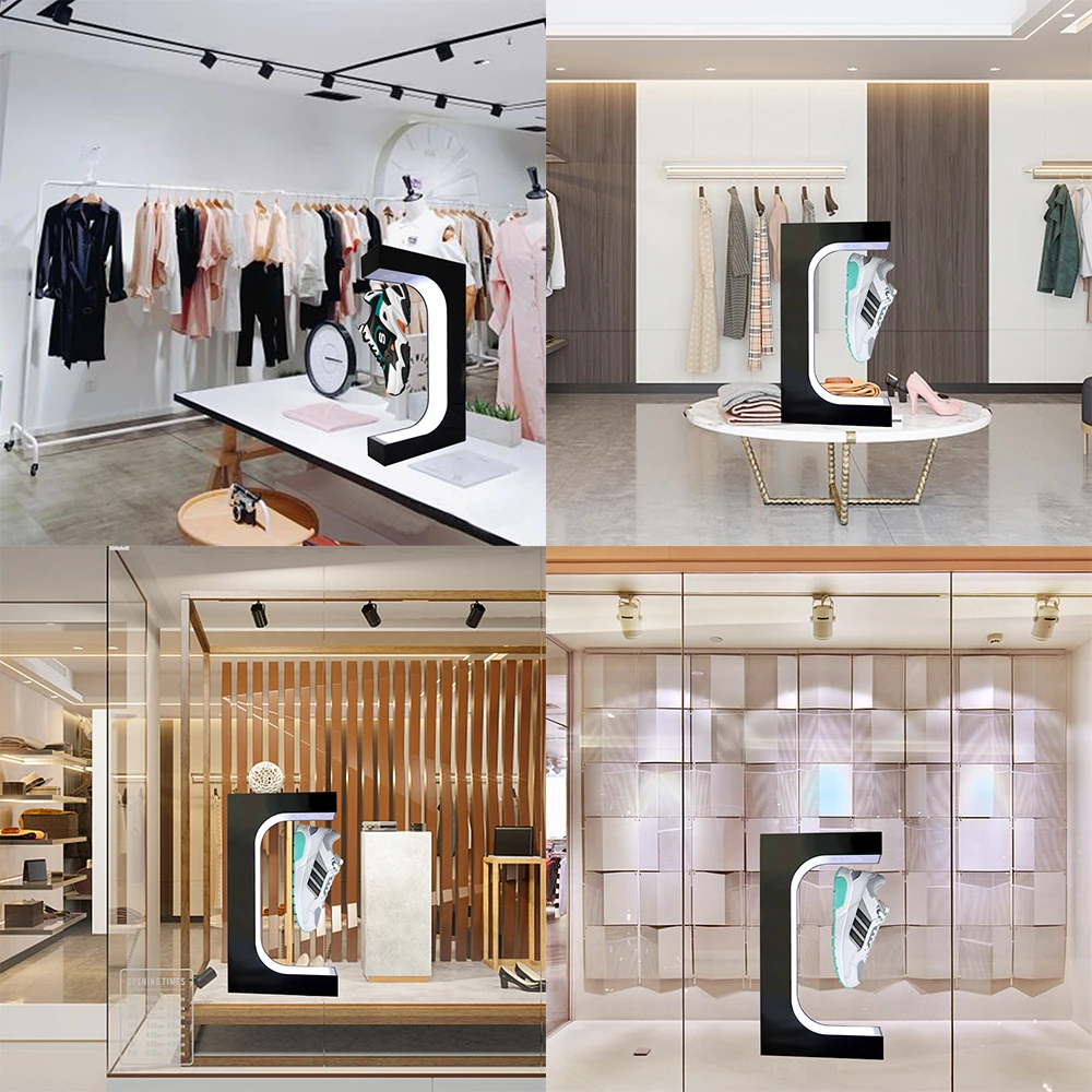 European warehouse Levitating Shoe Display Floating Sneaker Stand with LED Light 360 Degree Rotation shopping mall Shoe Display 3