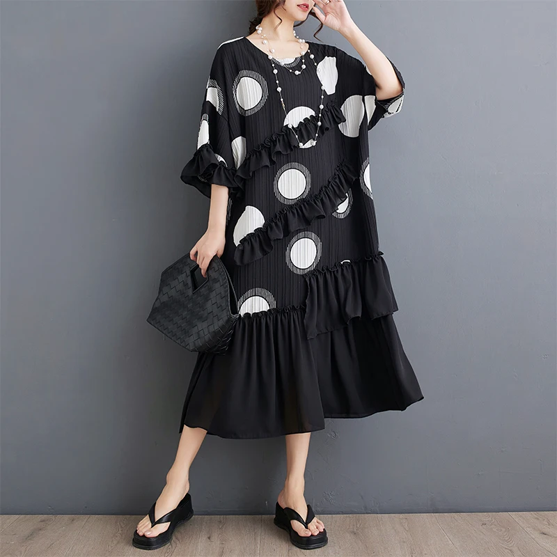 

Korea Japanese Style Patchwork Print Dots Chiffon Loose Summer Ruffle Dress Street Fashion Women Casual Dress Lady Work Dress