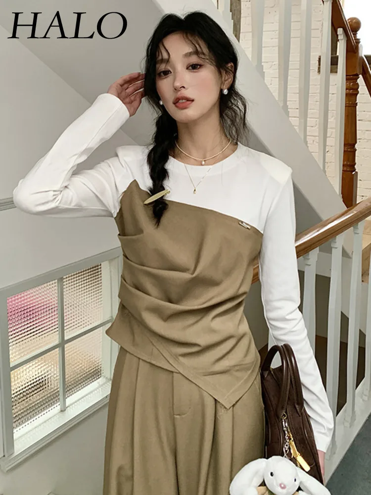 

HALO Retro patchwork color contrast fake two-piece T-shirt 2024 Spring/Summer New Gentle Khaki Top Women's Drawn Fold