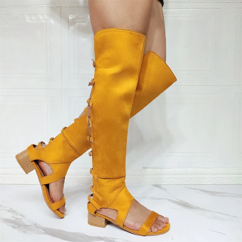 

2022 New Summer Round Head Large Size Over-The-Knee Long Tube Yellow Fashion Women's Buckle Open-Toe Cool Boots