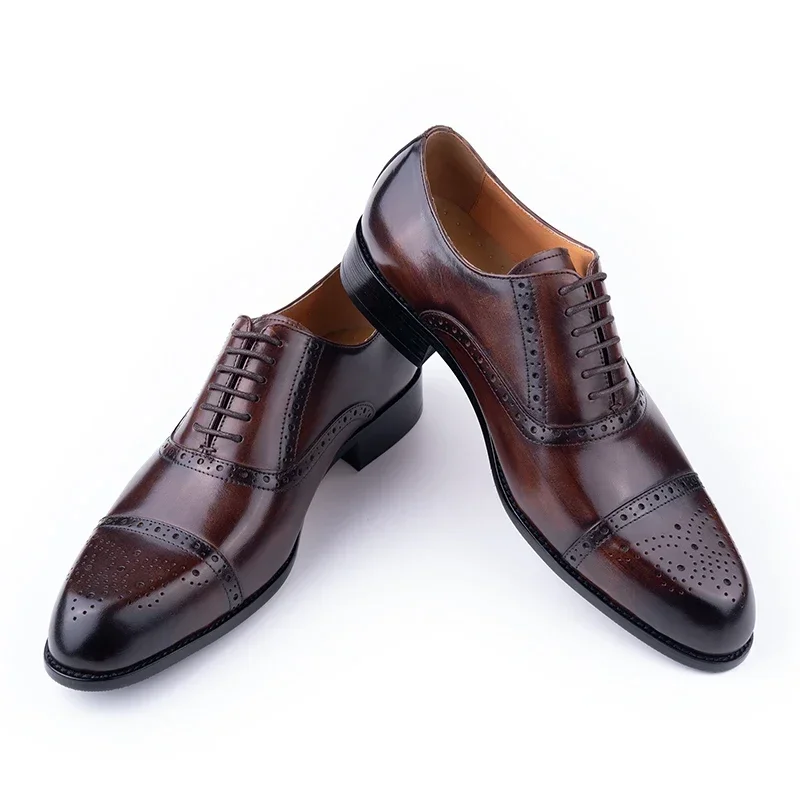 Brogue Men's Genuine Leather Oxford Shoes Handmade Pointed Toe High Quality Formal Shoes for Office Weddings Gift for Husband