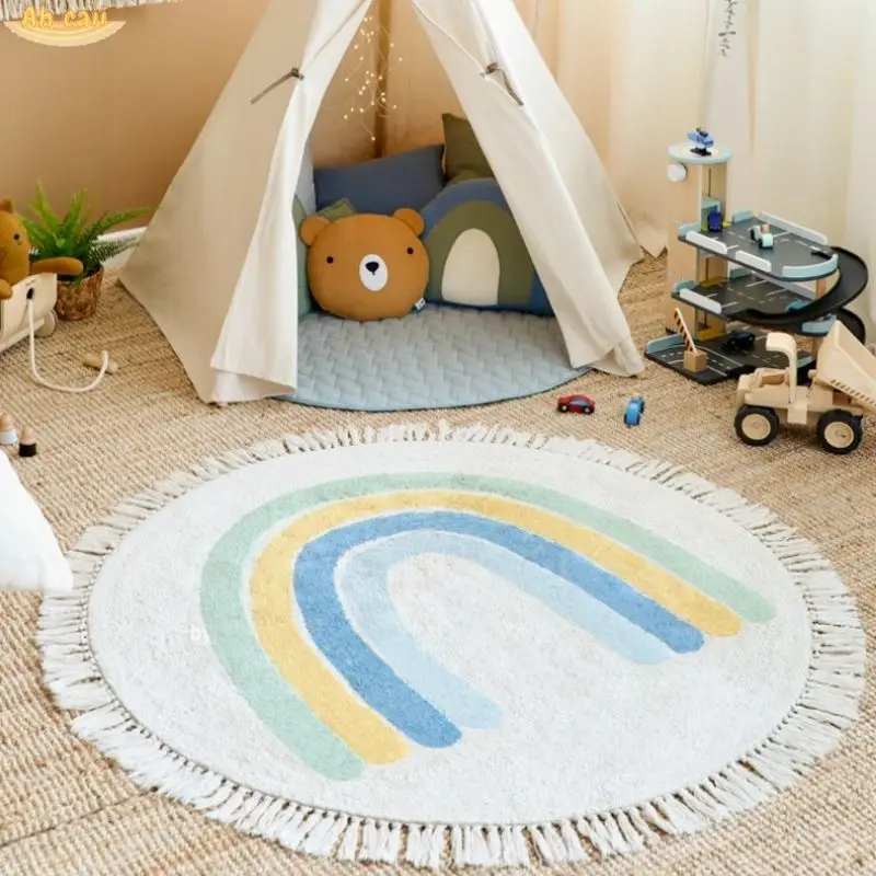 Rainbow Fluffy Carpet For Living Room With Tassels White Plush Rug For Kids Bedroom Soft Nursery Play Mat Children Babi