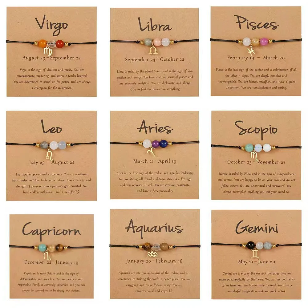 Handgefertigtes 12-Sternzeichen-Naturstein-Charm-Armband für Damen und Herren, geflochtenes Kartenpapier-Armband, Löwe, Jungfrau, Waage, Geschenk, verstellbar