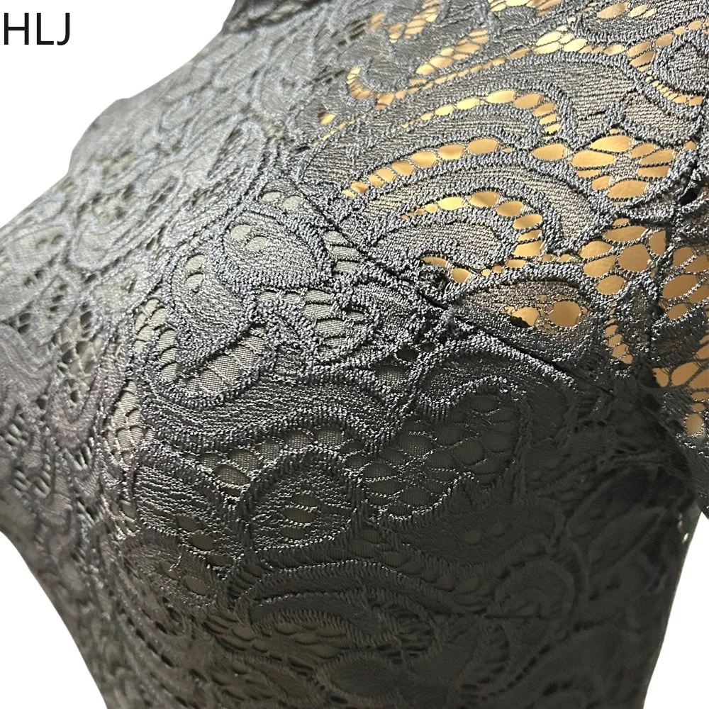 HLJ Fashion Lace Splicing Bodycon Rompers Women Round Neck Long Sleeve Slim Jumpsuits Female Solid Color Party Club Playsuits