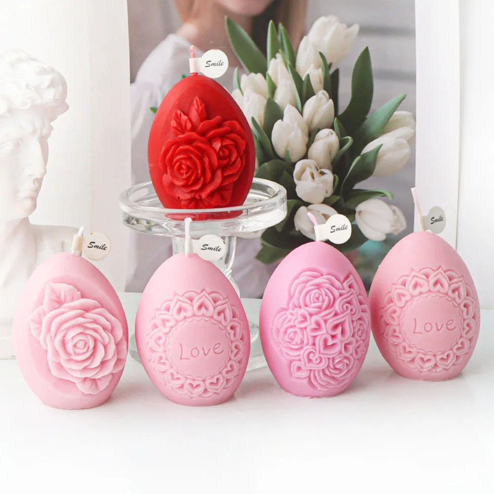 

3D Egg-shape Rose Pattern Candle Silicone Mold Handmade Flower Aromatherapy Candle Gypsum Resin Mould Valentine's Day Decor Gift