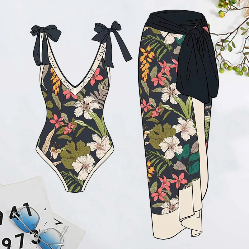 Women Swimsuits One-Piece Swimwear Deep V Bikini Print Floral Bodysuit Cover-Up Swimwear Bathing Suit Backless Swimsuit