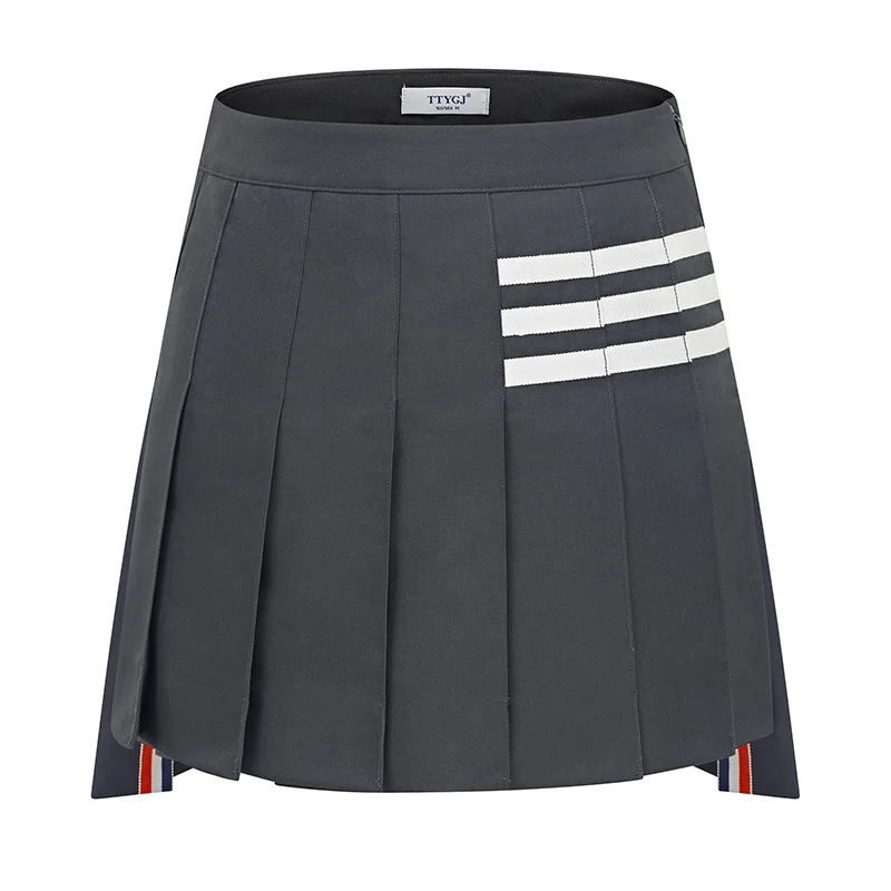TTYGJ Golf Design Sense Three Bars Pleated Half Skirt Female Spring and Summer New Thin High Waist a Word Sports Skirt