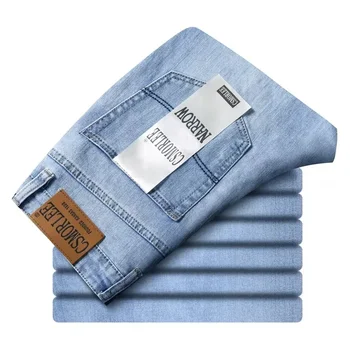 2025 Spring Summer Thin Jeans Classic Style Fashion Stretch Regular Fit Denim Trousers Male Brand Men's Washed Light Blue 2