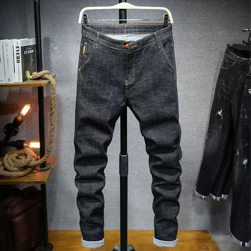 Autumn Winter Men's Korean Slim Pencil Jeans 2023 New Trend Fashionable Mid Waist Button Casual Denim Trousers Male Clothes