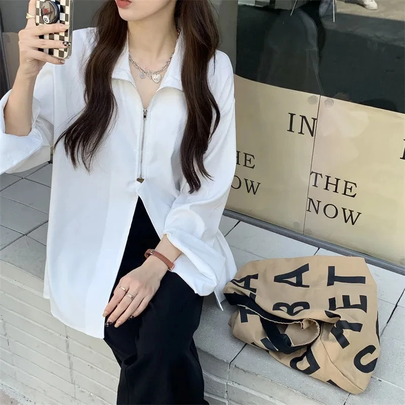 2024 Herbst Streetwear Langarm weißes Hemd und Bluse Frauen minimalist ischen Reiß verschluss übergroße Damen hemden weibliche Kleidung y2k Top – Detail 3