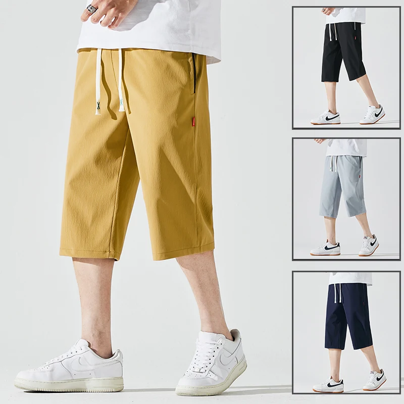 Elegant Fashion Harajuku Slim Fit Ropa Hombre Loose Casual Shorts Solid All Match Sports Shorts Thin Style Pockets Capri Pants