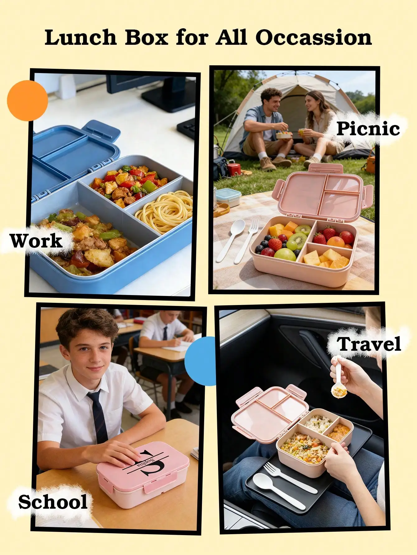 Custom Name Bento Lunch Box Portable With Fork Spoon Pink Blue Personalized Food Container For Kids Adults Work School Picnic - 3
