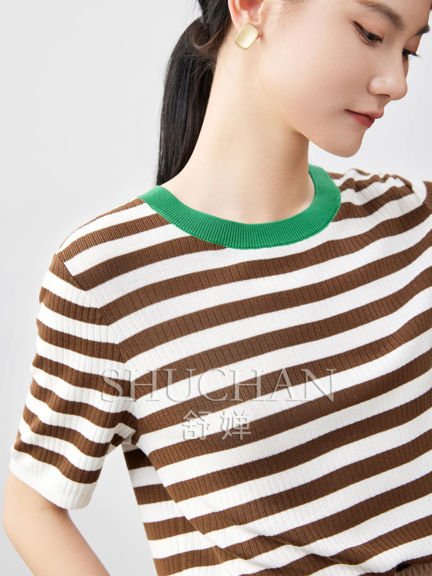 

SHUCHAN new 2024 spring summer striped lyocell t-shirts for women short sleeve women t shirt blusas mujer de moda