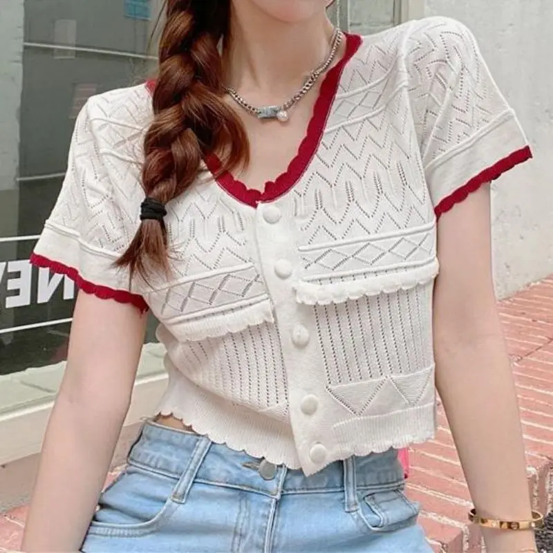 

Knitwear Casual Design Sense Summer New Hollow-out Short V-neck Cardigan Outer Wear Temperament Short Sleeve Top