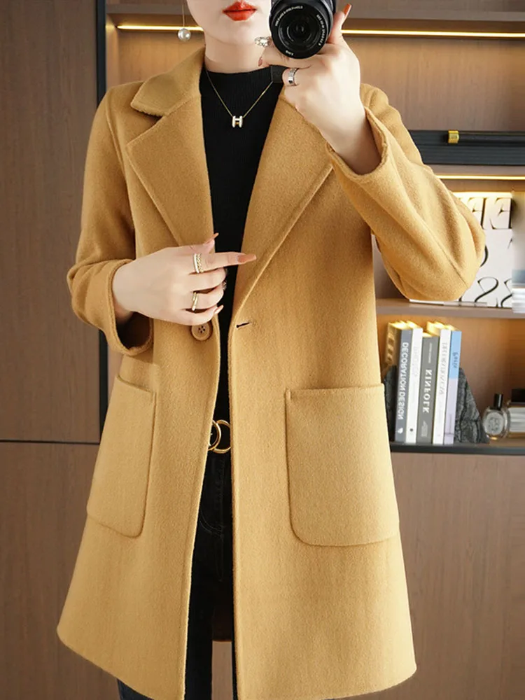 

Fashion Women Winter Warm 100% Real Wool Coat Single Button Simple Mid length Office Lady Quality Elegant