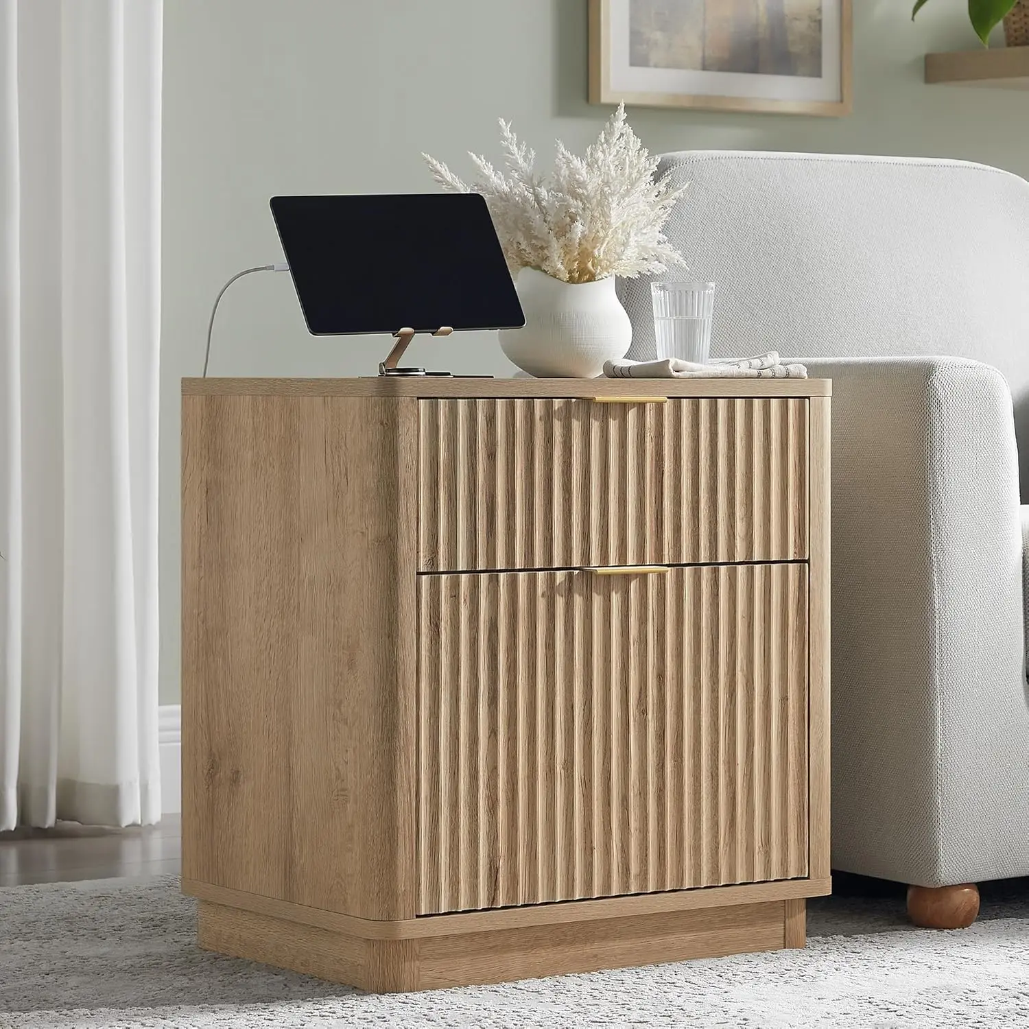 23' Fluted Nightstand with Charging Station, 2-Drawer Storage, Modern Natural Oak Bedside Table