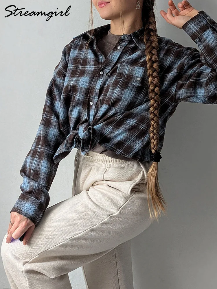 Women Shirts Plaid Oversized Shirts For Women Office Spring Loose Buttoned Shirt Pocket Long Sleeve Vintage Blouses
