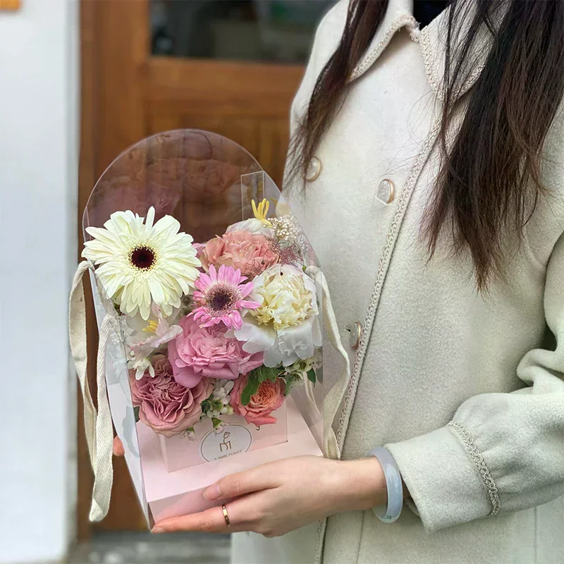장미꽃 핸드 포장 박스 방수 투명 꽃꽂이 종이 박스 휴대용 토트 플로리스트 용품 패키지