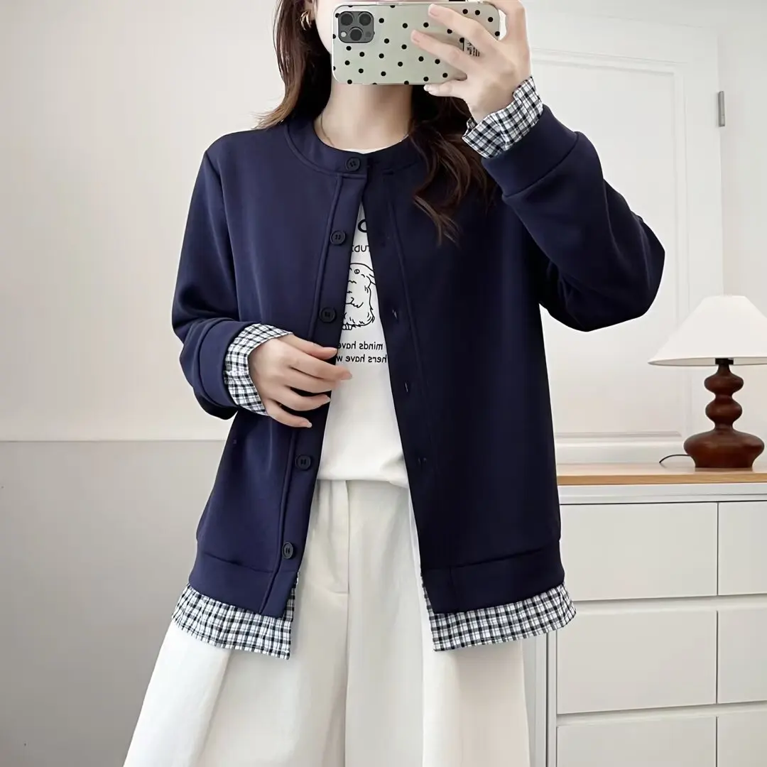 Fashion Plus Size Women's Jacket New Style 2025 Autumn Casual Plaid Patchwork Wearing Cardigan Coat 2559