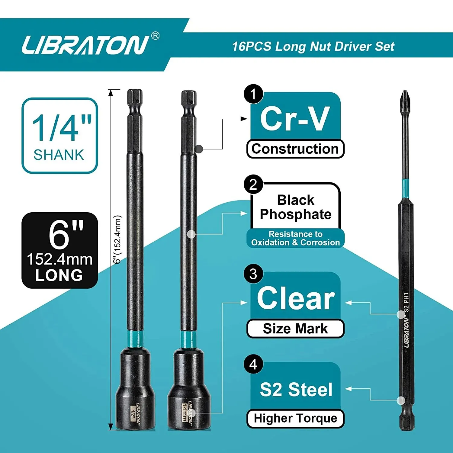 Libraton 16PCS Magnetic Nut Driver Set Metric & SAE Long Nut Drivers for Impact Drill Long Shank Nut Driver Bits Hex Shank PH1 2 3