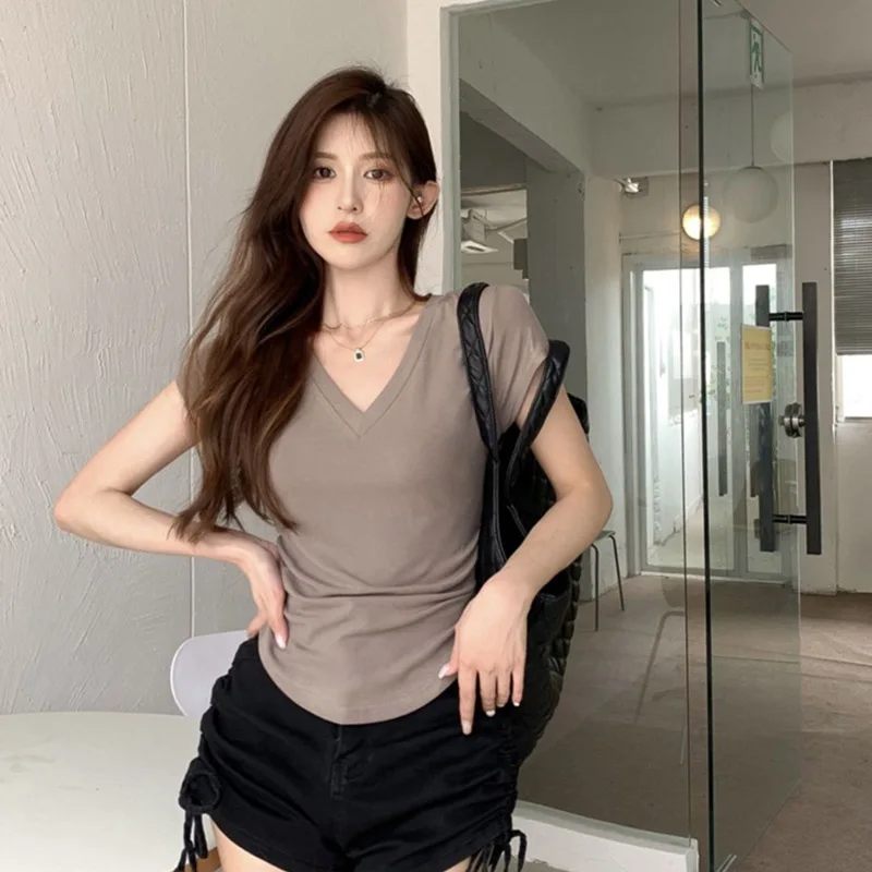 

【X-style】Slim fit V-neck solid color short-sleeved cotton T-shirt crop top